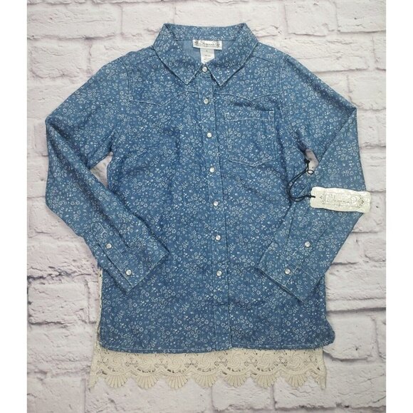 Shyanne Girls Size Small Western Style Button Front Blouse Blue Floral And Lace - Picture 1 of 5